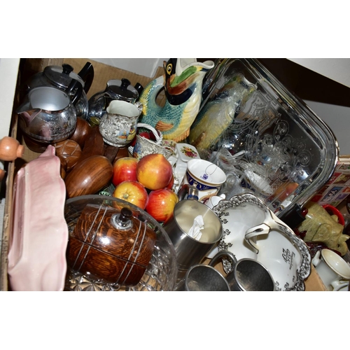 495 - TWO BOXES CERAMICS, GLASS, METALWARES, ETC, to include Wade trinkets, various soldier figures, a Fal... 