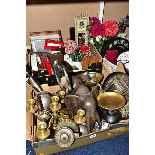 496 - TWO BOXES AND  A BASKET OF METALWARE, SUNDRIES, PICTURE FRAMES, ETC, to include various clocks (two ... 