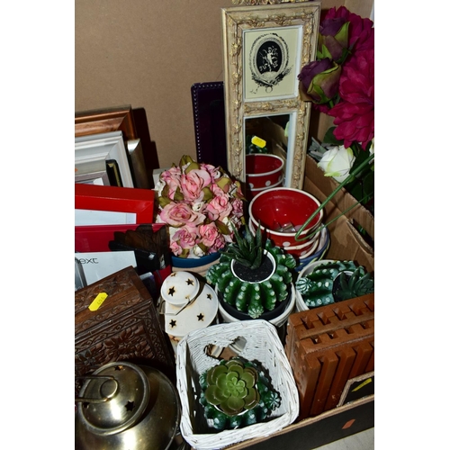 496 - TWO BOXES AND  A BASKET OF METALWARE, SUNDRIES, PICTURE FRAMES, ETC, to include various clocks (two ... 