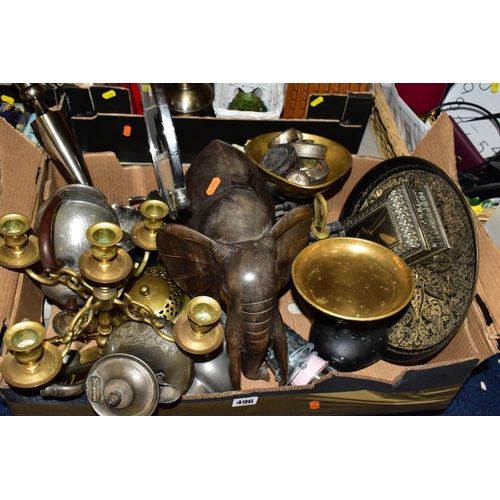 496 - TWO BOXES AND  A BASKET OF METALWARE, SUNDRIES, PICTURE FRAMES, ETC, to include various clocks (two ... 