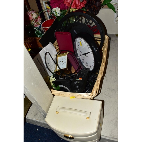 496 - TWO BOXES AND  A BASKET OF METALWARE, SUNDRIES, PICTURE FRAMES, ETC, to include various clocks (two ... 