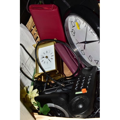 496 - TWO BOXES AND  A BASKET OF METALWARE, SUNDRIES, PICTURE FRAMES, ETC, to include various clocks (two ... 