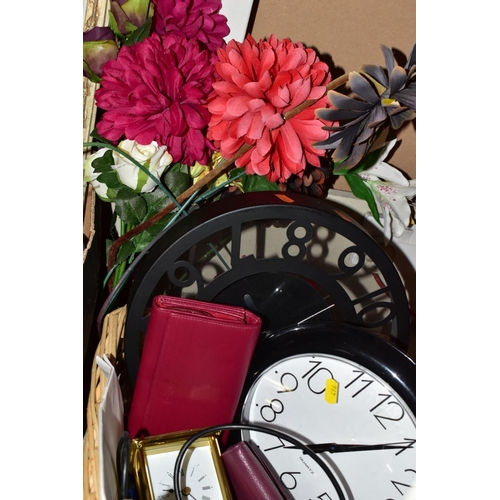 496 - TWO BOXES AND  A BASKET OF METALWARE, SUNDRIES, PICTURE FRAMES, ETC, to include various clocks (two ... 