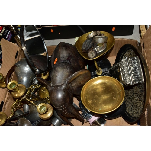 496 - TWO BOXES AND  A BASKET OF METALWARE, SUNDRIES, PICTURE FRAMES, ETC, to include various clocks (two ... 