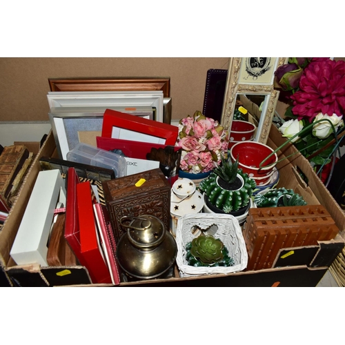 496 - TWO BOXES AND  A BASKET OF METALWARE, SUNDRIES, PICTURE FRAMES, ETC, to include various clocks (two ... 