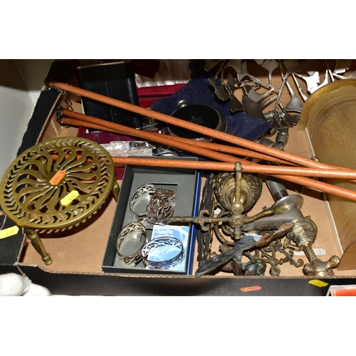 498 - THREE BOXES AND LOOSE CERAMICS, GLASS, METALWARE, ETC, to include brass fox's head door knocker, Min... 