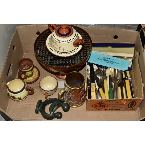 501 - TWO BOXES OF SUNDRY ITEMS, ETC, to include Devon Motto Ware, African tourist wares - bow and arrows,... 