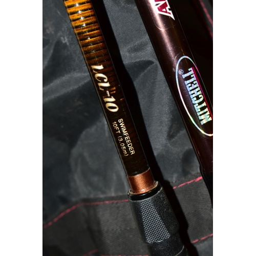 502 - FISHING EQUIPMENT COMPRISING A MITCHELL ADVENTURE FIRE SPIN 272 ROD, Daiwa Lightning 10ft swim feede... 