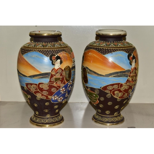 504 - A PAIR OF 20TH CENTURY JAPANESE SATSUMA VASES DECORATED WITH GEISHA, approximate height 31cm, togeth... 