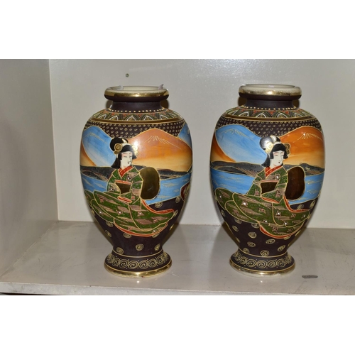 504 - A PAIR OF 20TH CENTURY JAPANESE SATSUMA VASES DECORATED WITH GEISHA, approximate height 31cm, togeth... 