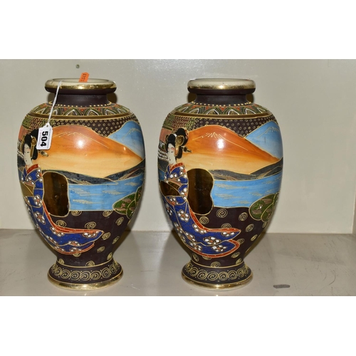 504 - A PAIR OF 20TH CENTURY JAPANESE SATSUMA VASES DECORATED WITH GEISHA, approximate height 31cm, togeth... 