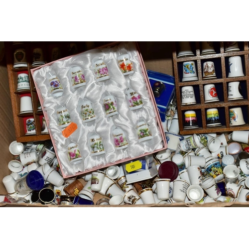 505 - A BOX OF COLLECTORS THIMBLES AND TWO DISPLAY CASES, topics include: Royal Commemorative, Holiday Res... 