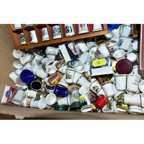 505 - A BOX OF COLLECTORS THIMBLES AND TWO DISPLAY CASES, topics include: Royal Commemorative, Holiday Res... 