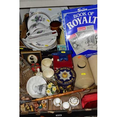 510 - TWO BOXES OF CERAMICS AND SUNDRY ITEMS, ETC, to include Mayfair bone china part dinner service, comp... 