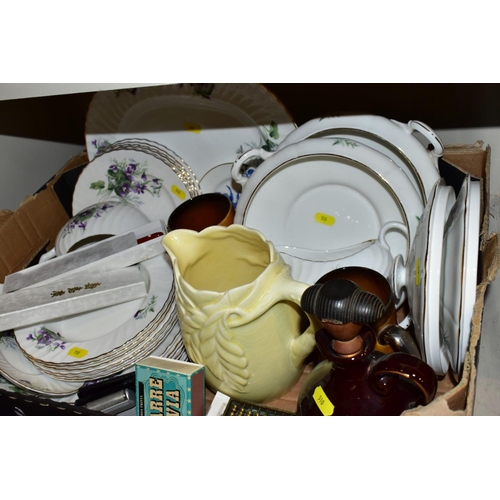 510 - TWO BOXES OF CERAMICS AND SUNDRY ITEMS, ETC, to include Mayfair bone china part dinner service, comp... 