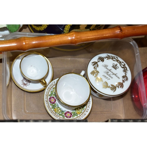 510 - TWO BOXES OF CERAMICS AND SUNDRY ITEMS, ETC, to include Mayfair bone china part dinner service, comp... 