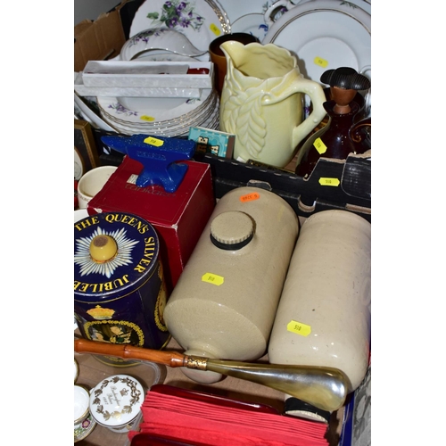 510 - TWO BOXES OF CERAMICS AND SUNDRY ITEMS, ETC, to include Mayfair bone china part dinner service, comp... 