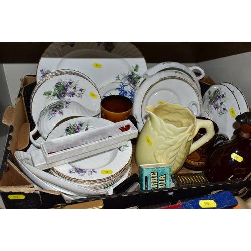 510 - TWO BOXES OF CERAMICS AND SUNDRY ITEMS, ETC, to include Mayfair bone china part dinner service, comp... 