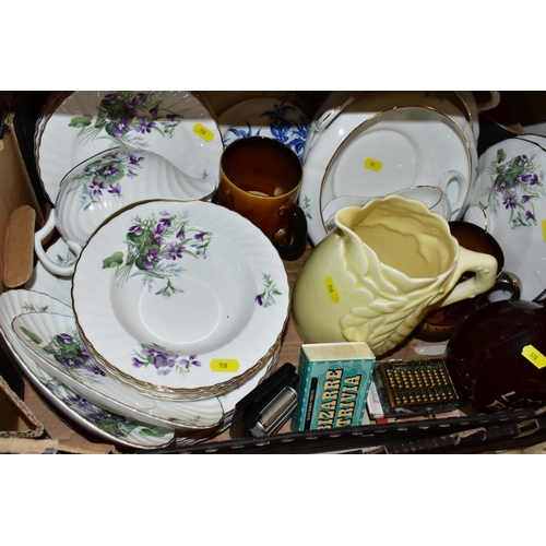 510 - TWO BOXES OF CERAMICS AND SUNDRY ITEMS, ETC, to include Mayfair bone china part dinner service, comp... 