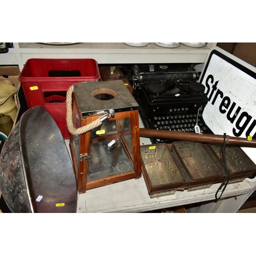 515 - A GROUP OF COLLECTABLES, including a Royal typerwriter, a set of three Hovis bread tins in a metal f... 