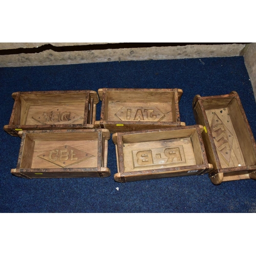 517 - FIVE WOODEN AND METAL BOUND BRICKMAKERS MOULDS, all five with initials/numbers to the interiors, int... 