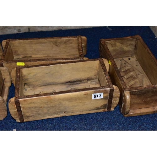 517 - FIVE WOODEN AND METAL BOUND BRICKMAKERS MOULDS, all five with initials/numbers to the interiors, int... 