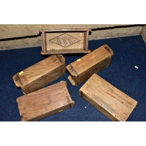 517 - FIVE WOODEN AND METAL BOUND BRICKMAKERS MOULDS, all five with initials/numbers to the interiors, int... 