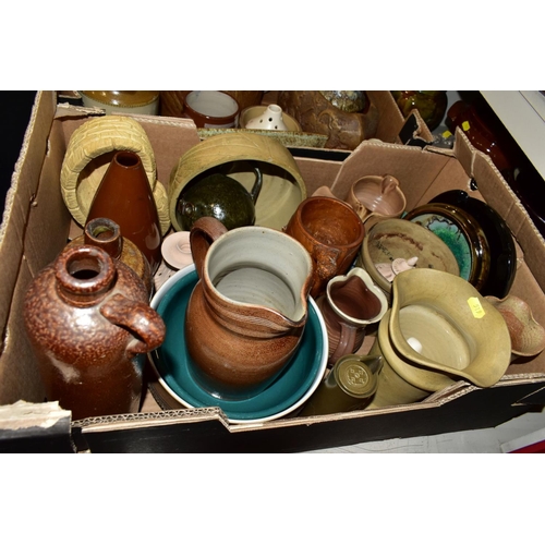 519 - TWO BOXES AND LOOSE STONEWARE etc, including Hillstonia, Studio pottery, stoneware jugs and flagons,... 