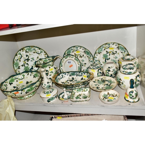 521 - A COLLECTION OF MASONS IRONSTONE 'CHARTREUSE' PATTERN PLATES, JUGS, BOWLS, GINGER JARS, etc, includi... 