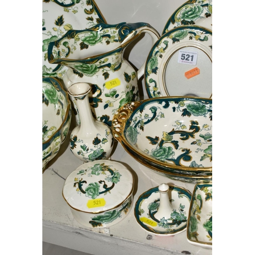 521 - A COLLECTION OF MASONS IRONSTONE 'CHARTREUSE' PATTERN PLATES, JUGS, BOWLS, GINGER JARS, etc, includi... 