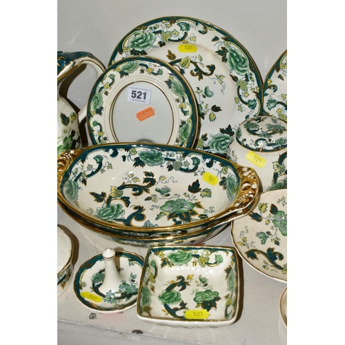 521 - A COLLECTION OF MASONS IRONSTONE 'CHARTREUSE' PATTERN PLATES, JUGS, BOWLS, GINGER JARS, etc, includi... 