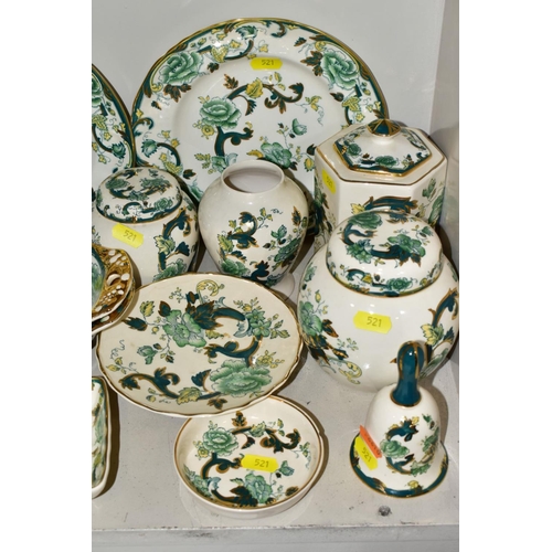 521 - A COLLECTION OF MASONS IRONSTONE 'CHARTREUSE' PATTERN PLATES, JUGS, BOWLS, GINGER JARS, etc, includi... 