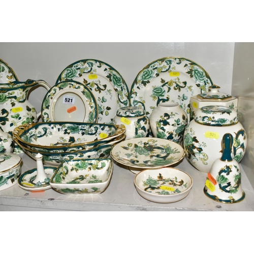 521 - A COLLECTION OF MASONS IRONSTONE 'CHARTREUSE' PATTERN PLATES, JUGS, BOWLS, GINGER JARS, etc, includi... 