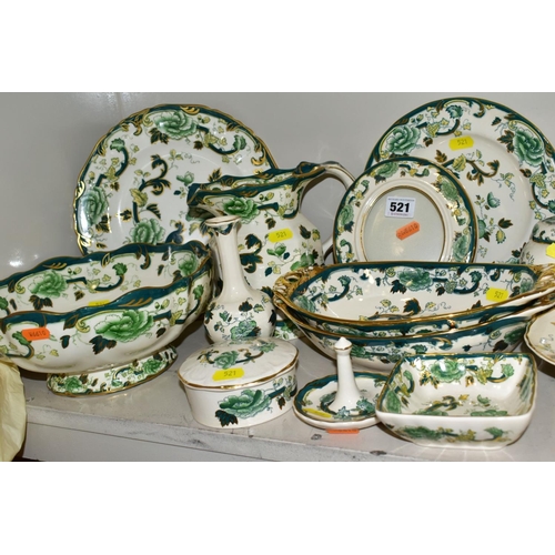 521 - A COLLECTION OF MASONS IRONSTONE 'CHARTREUSE' PATTERN PLATES, JUGS, BOWLS, GINGER JARS, etc, includi... 