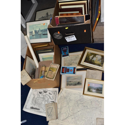 523 - TWO BOXES OF FRAMED PRINTS, FOLDED MAPS, etc, including three Bartholomew's Revised Half - Inch maps... 