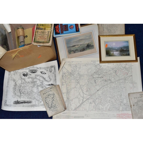 523 - TWO BOXES OF FRAMED PRINTS, FOLDED MAPS, etc, including three Bartholomew's Revised Half - Inch maps... 