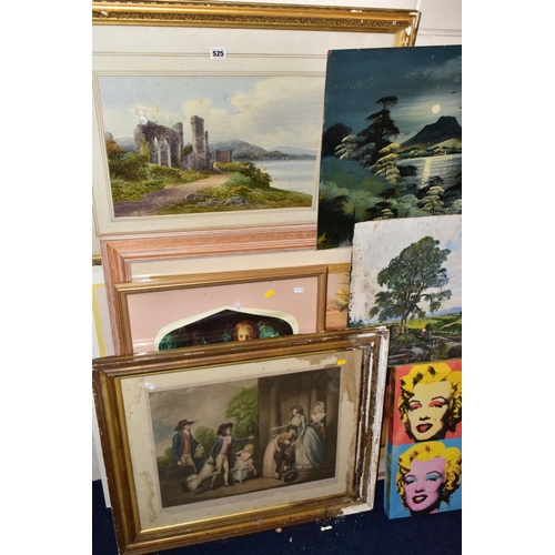 525 - PAINTINGS AND PRINTS etc to include A Coleman watercolour of a figure seated before a ruined buildin... 