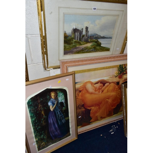 525 - PAINTINGS AND PRINTS etc to include A Coleman watercolour of a figure seated before a ruined buildin... 