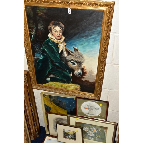 526 - ALAN HEWICK (20TH C) 'BOY IN GREEN VELVET' a boy in 18th Century dress sits beside a Donkey, signed ... 