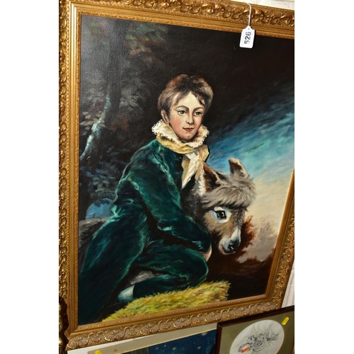 526 - ALAN HEWICK (20TH C) 'BOY IN GREEN VELVET' a boy in 18th Century dress sits beside a Donkey, signed ... 