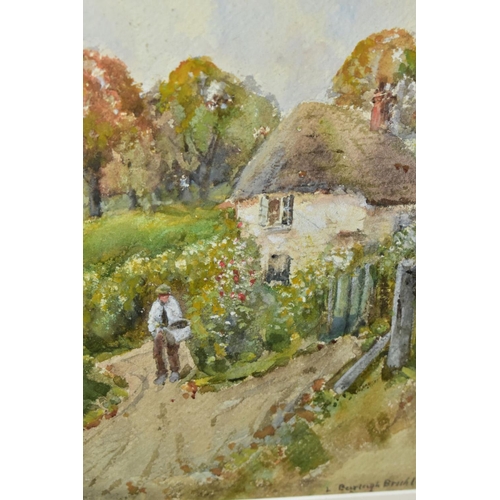 529 - LOUIS BURLEIGH BRUHL (1861-1942) a figure in a lane before a thatched cottage, signed bottom right, ... 