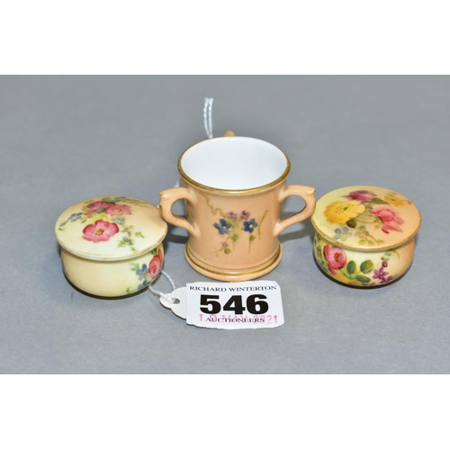 546 - THREE ROYAL WORCESTER BLUSH IVORY MINIATURES, comprising of a tyg, height 3.5cm and two covered pots... 