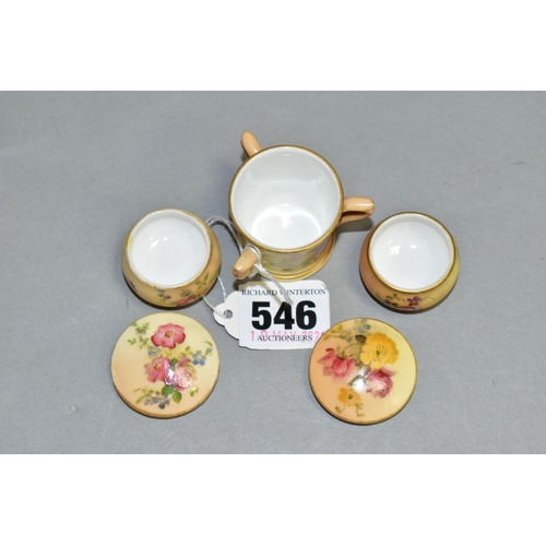 546 - THREE ROYAL WORCESTER BLUSH IVORY MINIATURES, comprising of a tyg, height 3.5cm and two covered pots... 