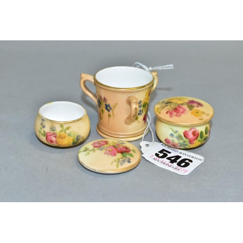 546 - THREE ROYAL WORCESTER BLUSH IVORY MINIATURES, comprising of a tyg, height 3.5cm and two covered pots... 