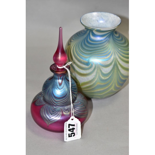 547 - TWO PIECES OF OKRA IRIDESCENT GLASS, comprising of a perfume bottle marked Okra 93 to base, height 1... 