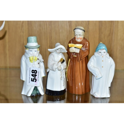 548 - FOUR ROYAL WORCESTER CANDLE SNUFFERS, 'Budge', 'Toddie', a nun and a monk (cracked), tallest height ... 