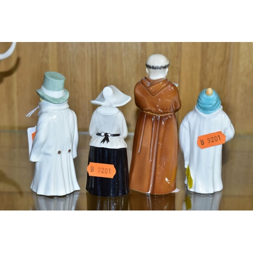 548 - FOUR ROYAL WORCESTER CANDLE SNUFFERS, 'Budge', 'Toddie', a nun and a monk (cracked), tallest height ... 