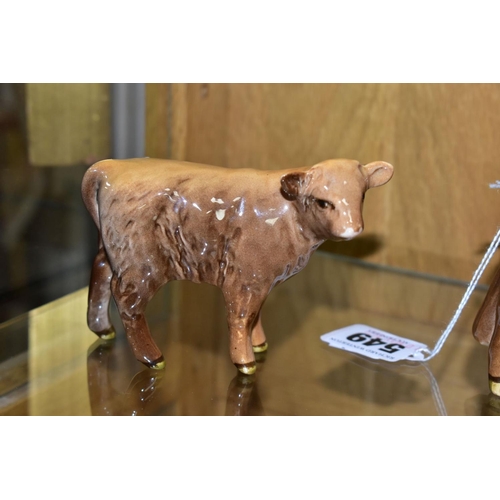 549 - TWO BESWICK HIGHLAND CATTLE, a Cow No 1740 and a Calf No 1827D, both gloss, together with a Black Fa... 