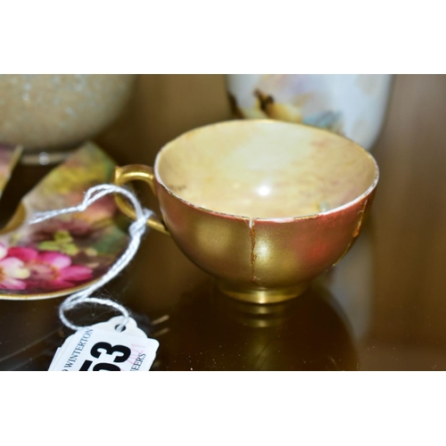 553 - A SMALL GROUP OF ROYAL WORCESTER, comprising a handpainted Roses cabinet cup and saucer, signed W.H.... 