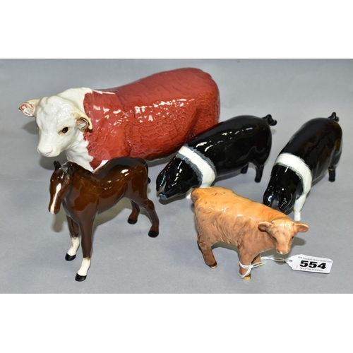 554 - FIVE BESWICK/ROYAL DOULTON ANIMALS, Highland Calf No 1827D, Hereford Bull No 1363A (chipped horn and... 